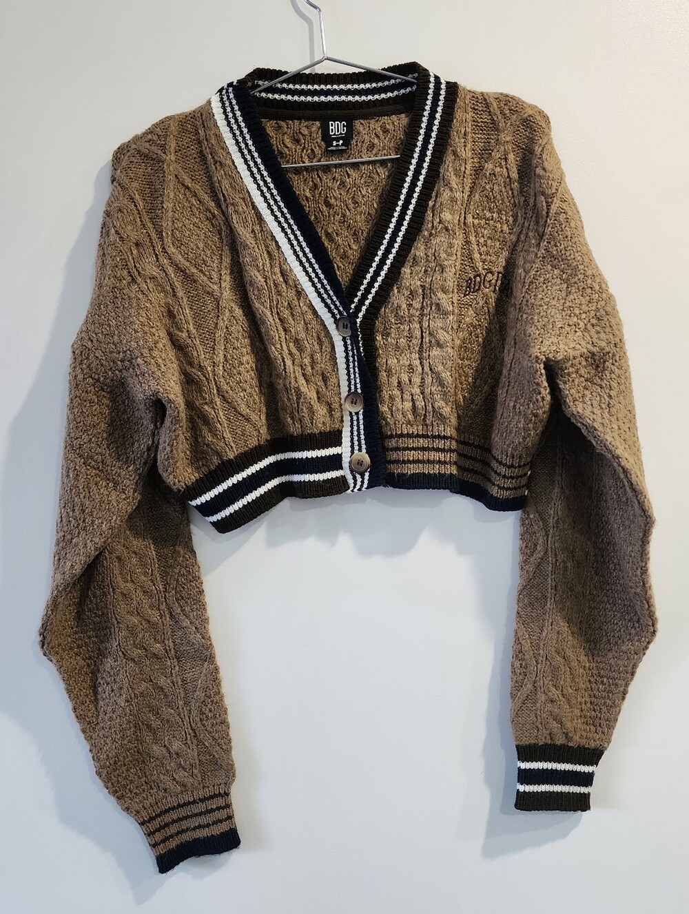 BDG Urban Outfitters Brown Cable Knit Cropped Cardigan Small Preppy Dark Academi